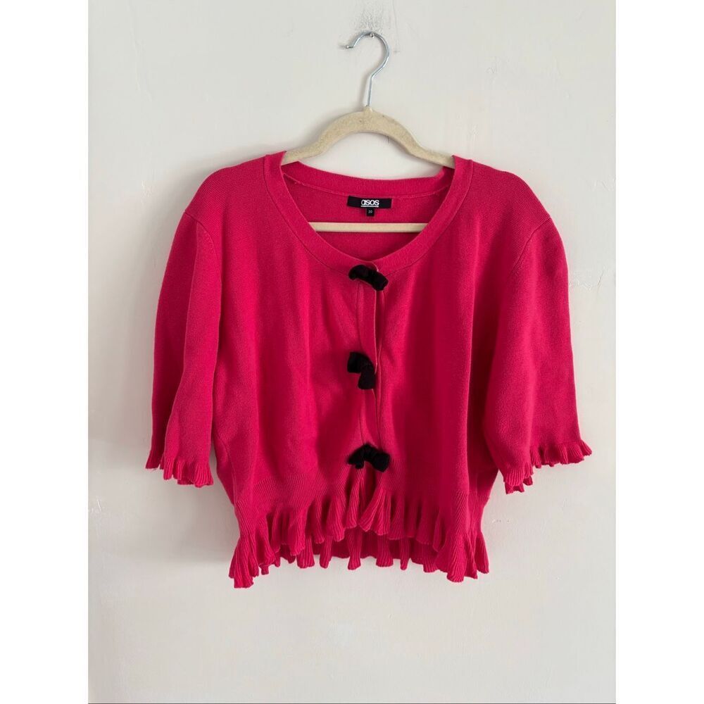 ASOS Hot Pink Button-Up Cardigan Size 20 Flutter Sleeve Front Bow Detail